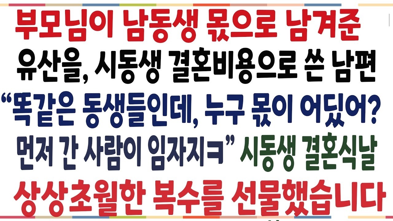 (반전신청사연)부모님이 남동생 몫으로 남겨준 유산을 시동생 결혼비용으로 쓴 남편! 시동생 결혼식날 상상초월한 역관광을 선물했습니다[신청사연][사이다썰][사연라디오]