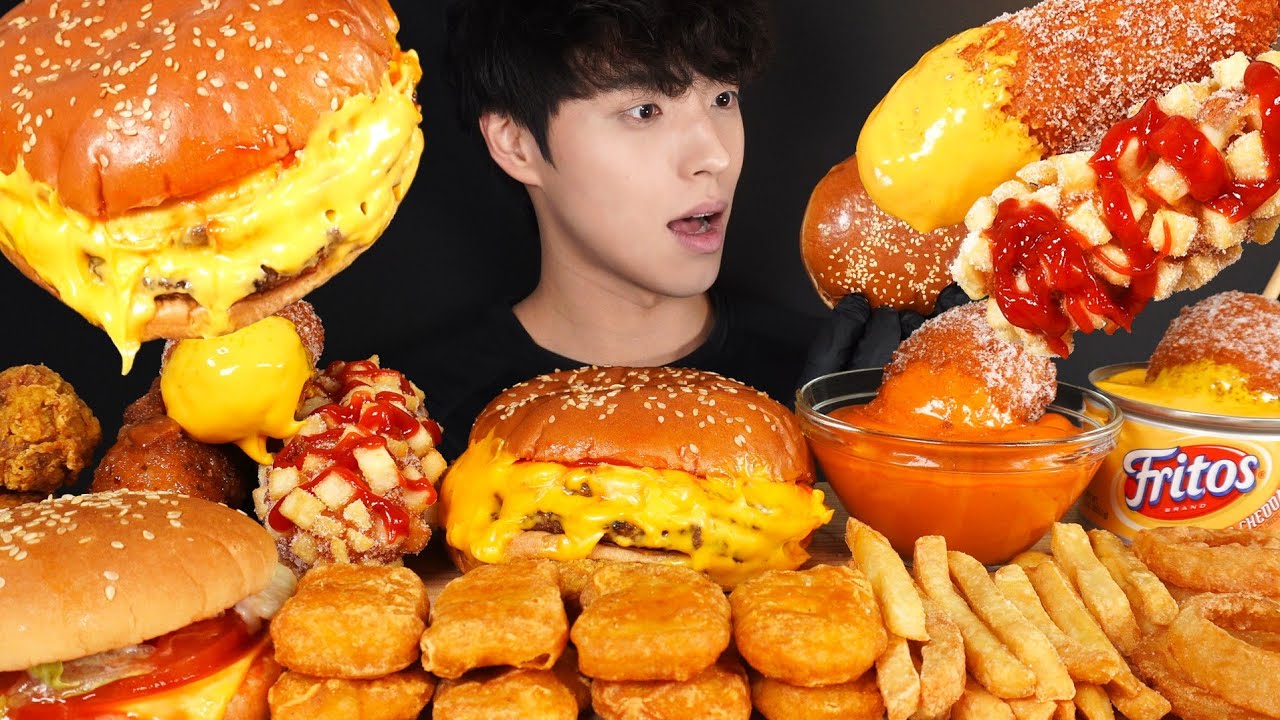 ASMR MUKBANG EXTRA CHEESEBURGER & CORN DOGS & FRENCH FRIES & CHICKEN NUGGETS & FRIED CHICKEN