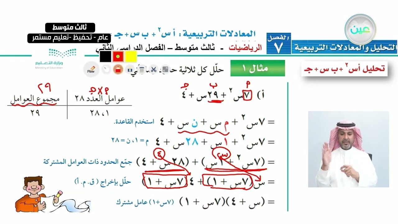 المعادلات التربيعية :  أ س2 + ب س + جـ =0   (1) - الرياضيات - ثالث متوسط