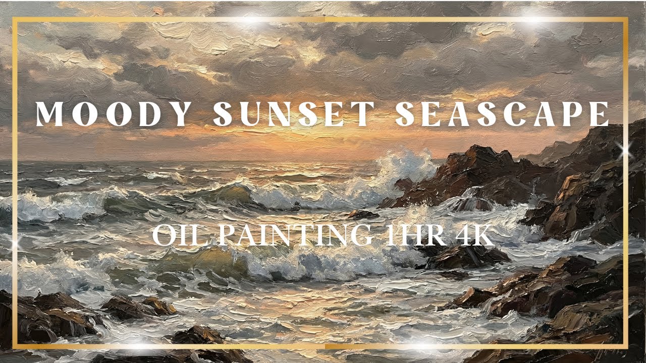 Moody Sunset Seascape Oil Painting 4K (1HR) – Waves Crashing on Dark Rocks | Relaxing TV Art