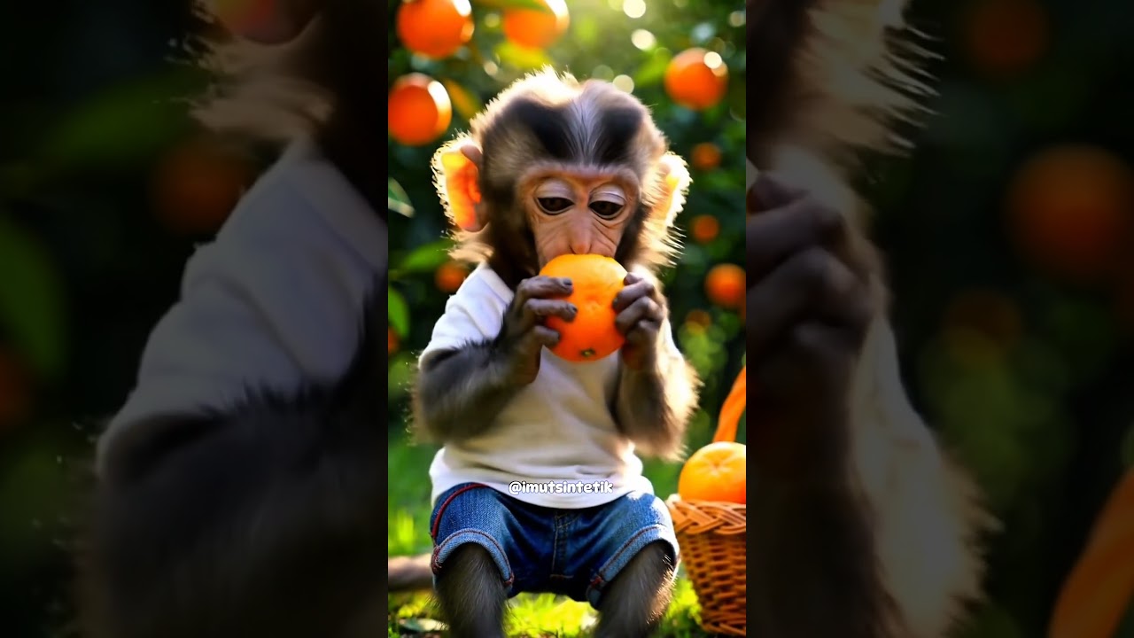 Monyet kecil makan jeruk dengan ekspresi lucu banget! 🙈🍊 