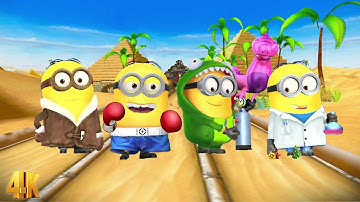 Minion Rush Poler Explorer minion Boxer Minion Dino Minion and Lab Coat Minion at The Pyramids - 4K