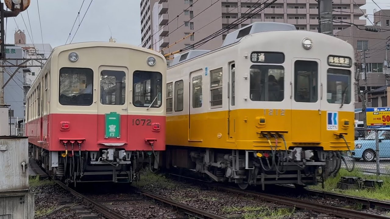 ことでん 朝ラッシュ時の高松築港-瓦町間と桜の挿頭丘 高松琴平電気