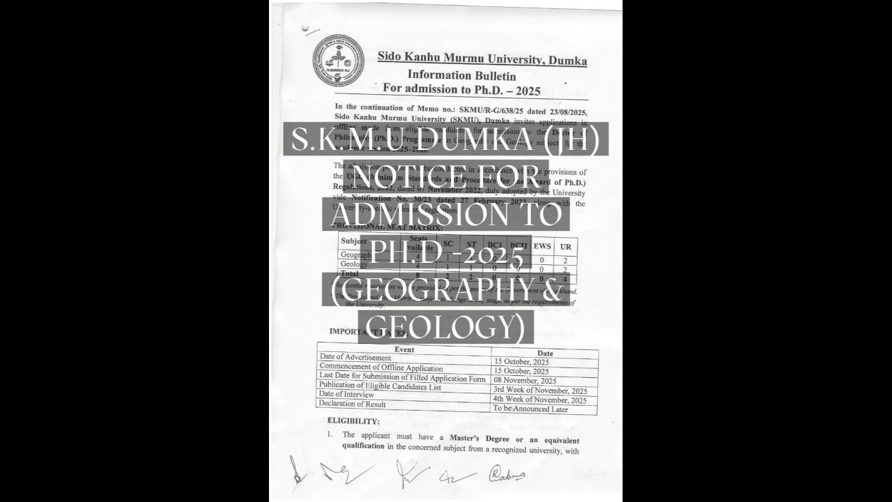 NOTICE FOR ADMISSION TO PH.D 2025 ( GEOGRAPHY & GEOLOGY) II SKMU DUMKA II JH II 