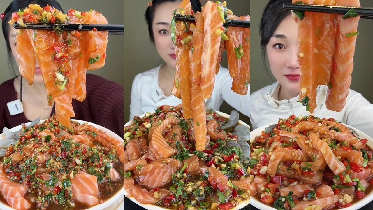 【Yummy】Cold-dressed salmon and shrimp🐠🦐🧄🌶🍋#mukbang#asmr#Seafood