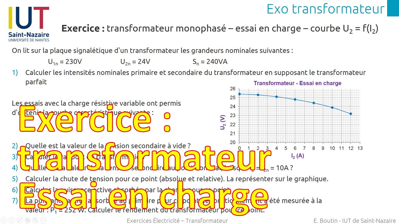 Exercice 2 - Transformateur monophasé : Essai en charge - Chute de tension - Courbe U2 = f(I2)