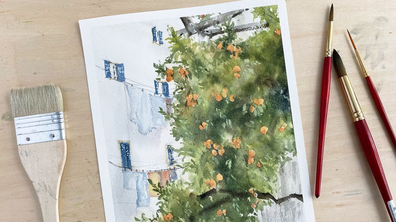Orange Tree with Loose Watercolor Foliage (2 ways) | Paint With Me Challenge May 2020