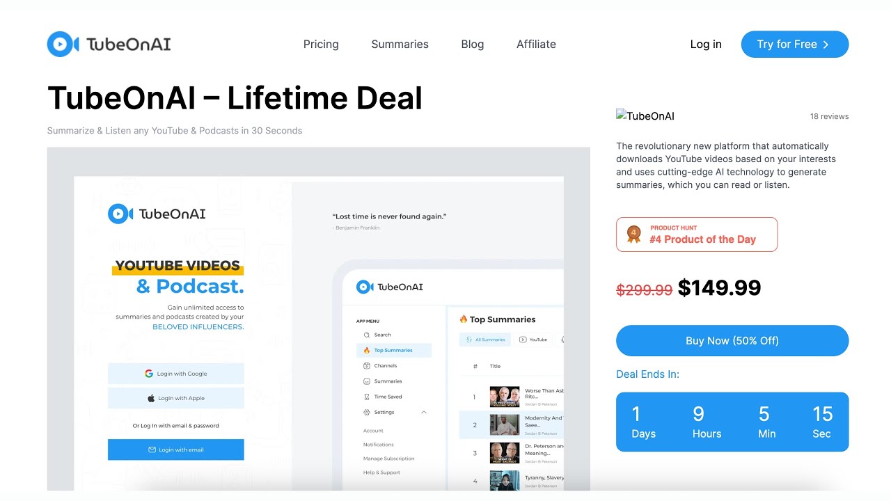 TubeOnAI Lifetime Deal - Summarize & Listen any YouTube & Podcasts in 30 Seconds