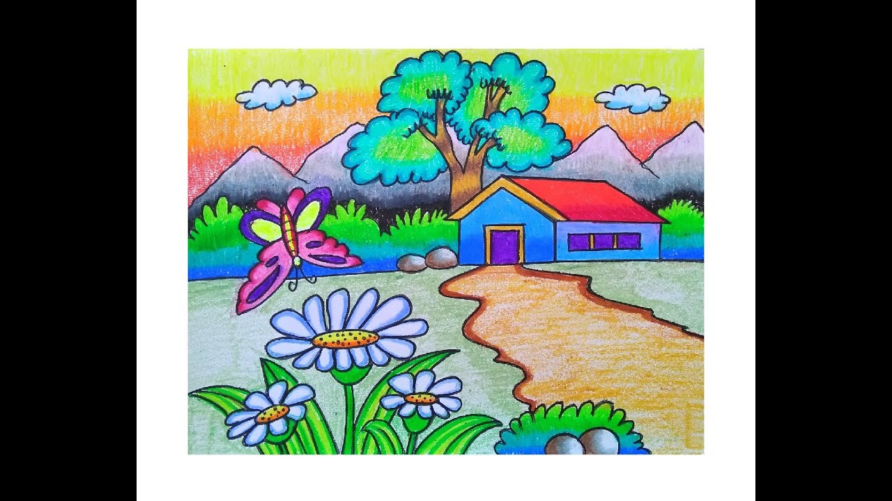 HOW TO DRAW HOUSE SCENERY DRAWING SCENERY DRAWING OF BEAUTIFUL HOUSE