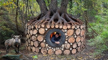Building a Forest Shelter from Logs: Wild Boar Attacks at Night Bushcraft Survival