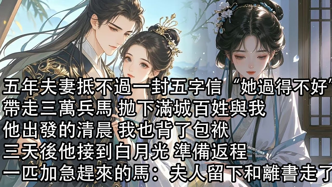 【一口氣看完】五年夫妻抵不過一封五字信“她過得不好”，帶走三萬兵馬 拋下滿城百姓與我，他出發的清晨 我也背了包袱，三天後他接到白月光 準備返程，一匹加急趕來的馬：夫人留下和離書走了