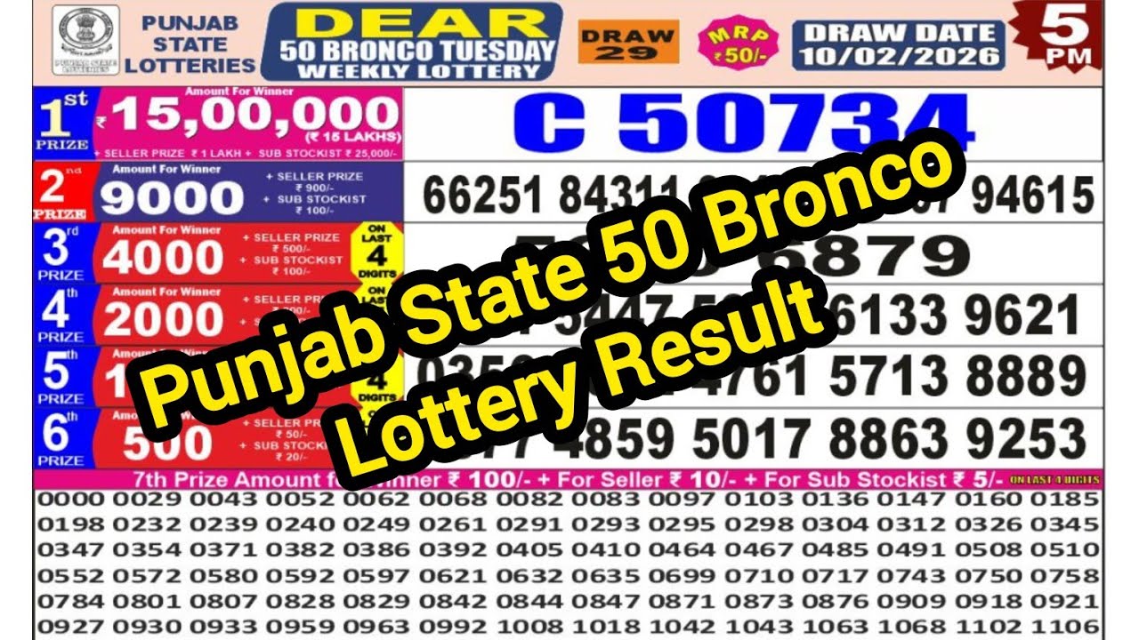 Punjab State Dear 50 Weekly Lottery Result Today 5pm | punjab state 50 bronco tuesday lottery result
