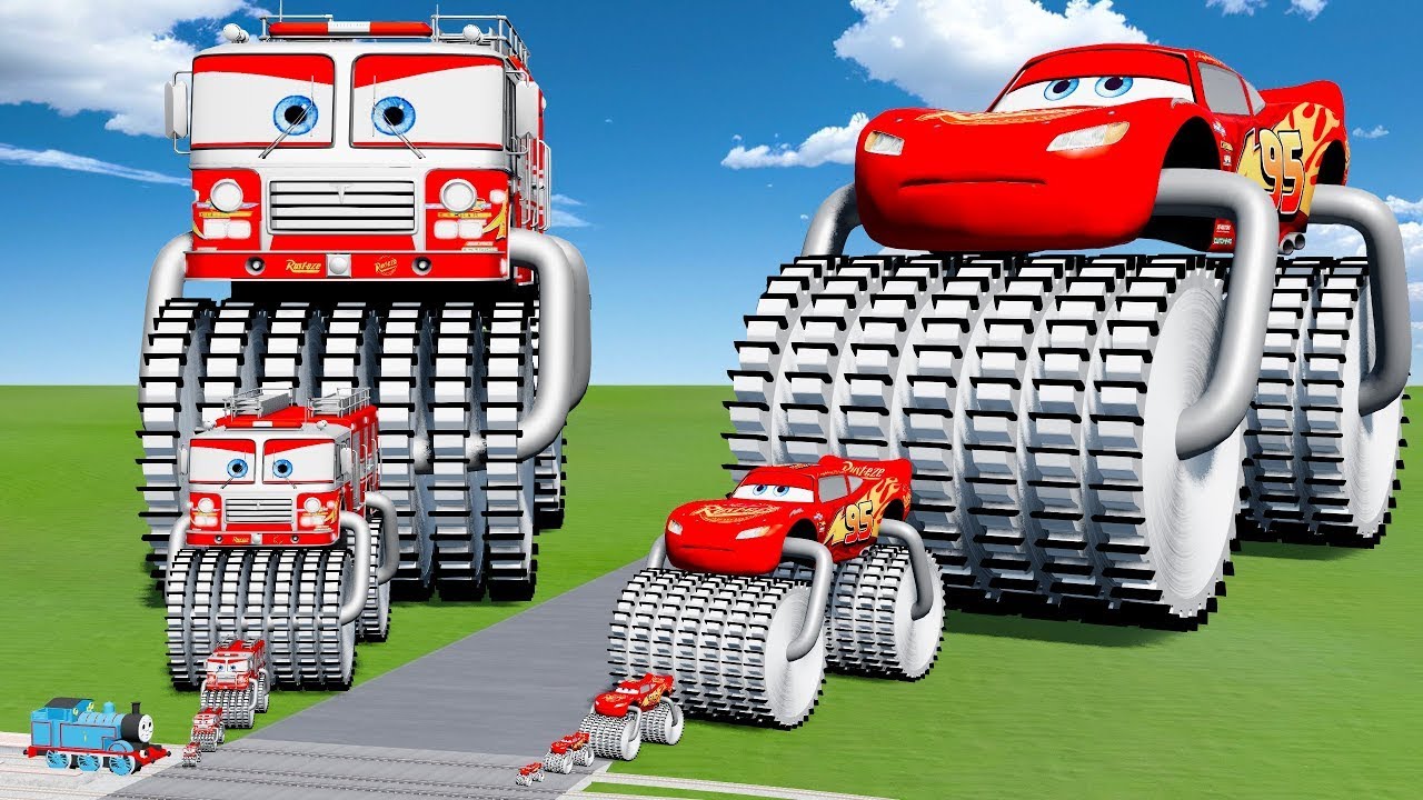 Big & Small Fire Truck McQueen Double Saw & Big & Small McQueen Double Saw VS Train | BeamNG.drive