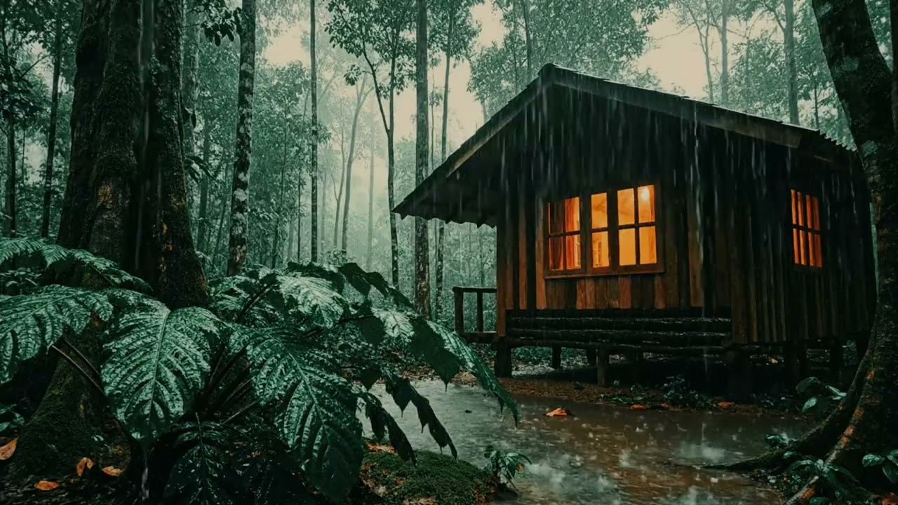 Night Rain in a Rainforest Cabin | Relaxing ASMR Sounds