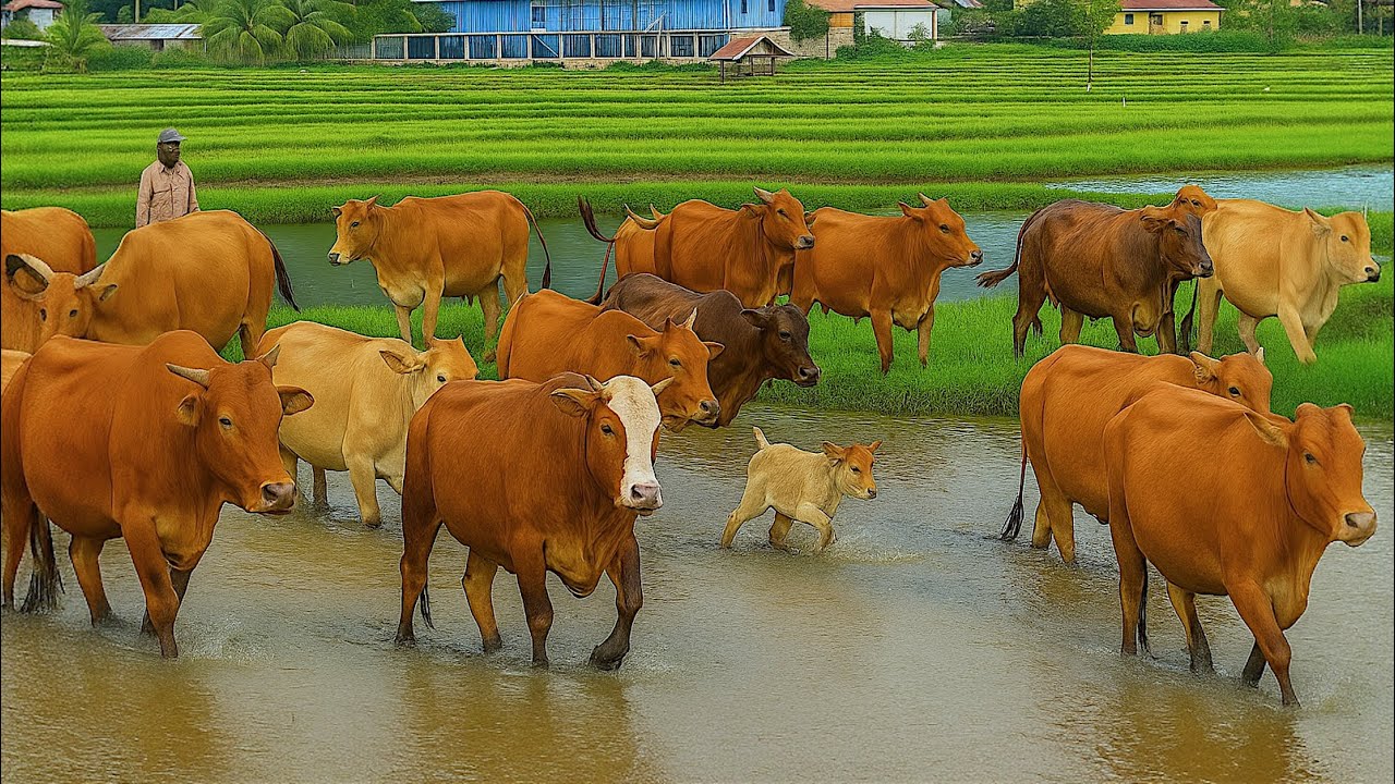 Aktivitas Sapi Lembu Berjalan Di dalam kubangan air beramai ramai ...