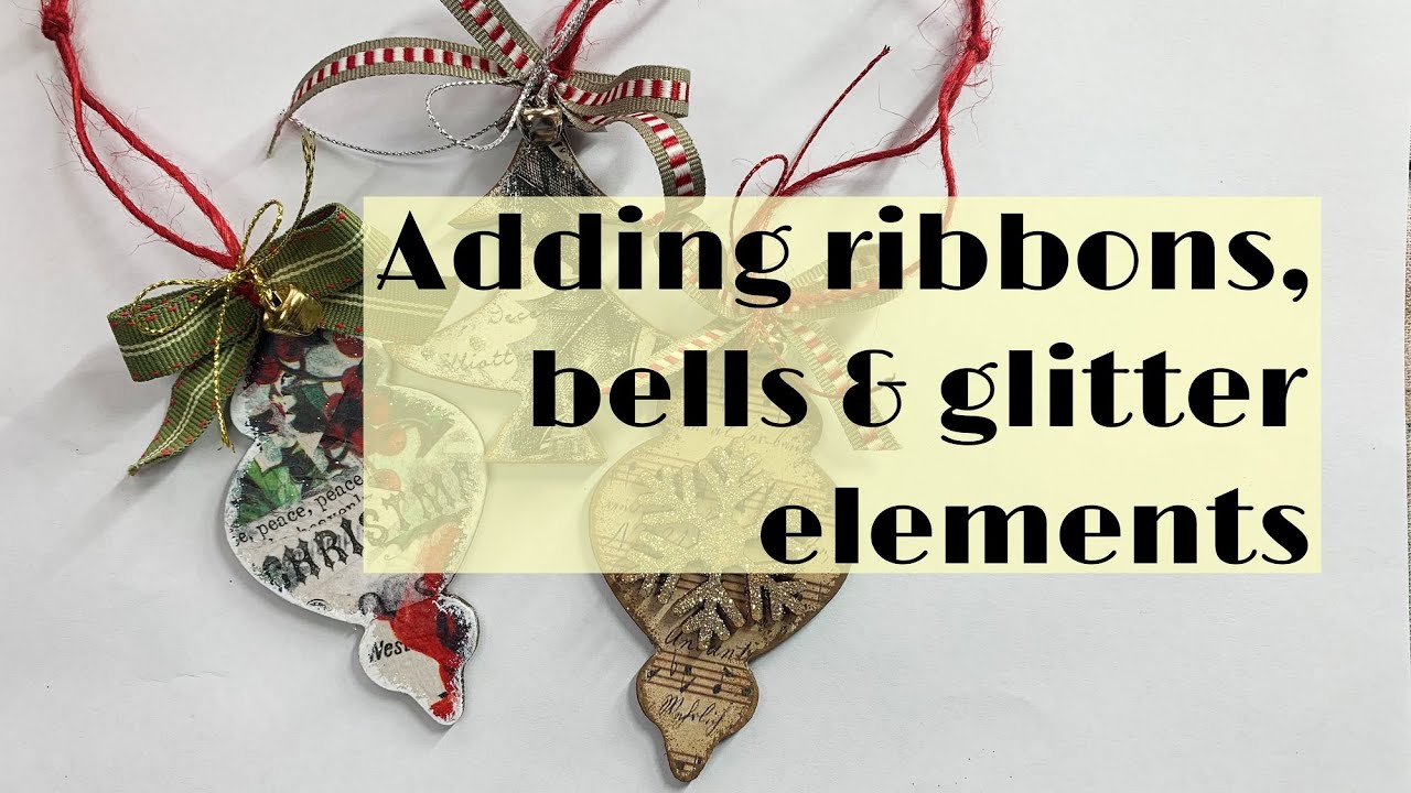 Adding ribbons and bells to laser cut Christmas ornaments