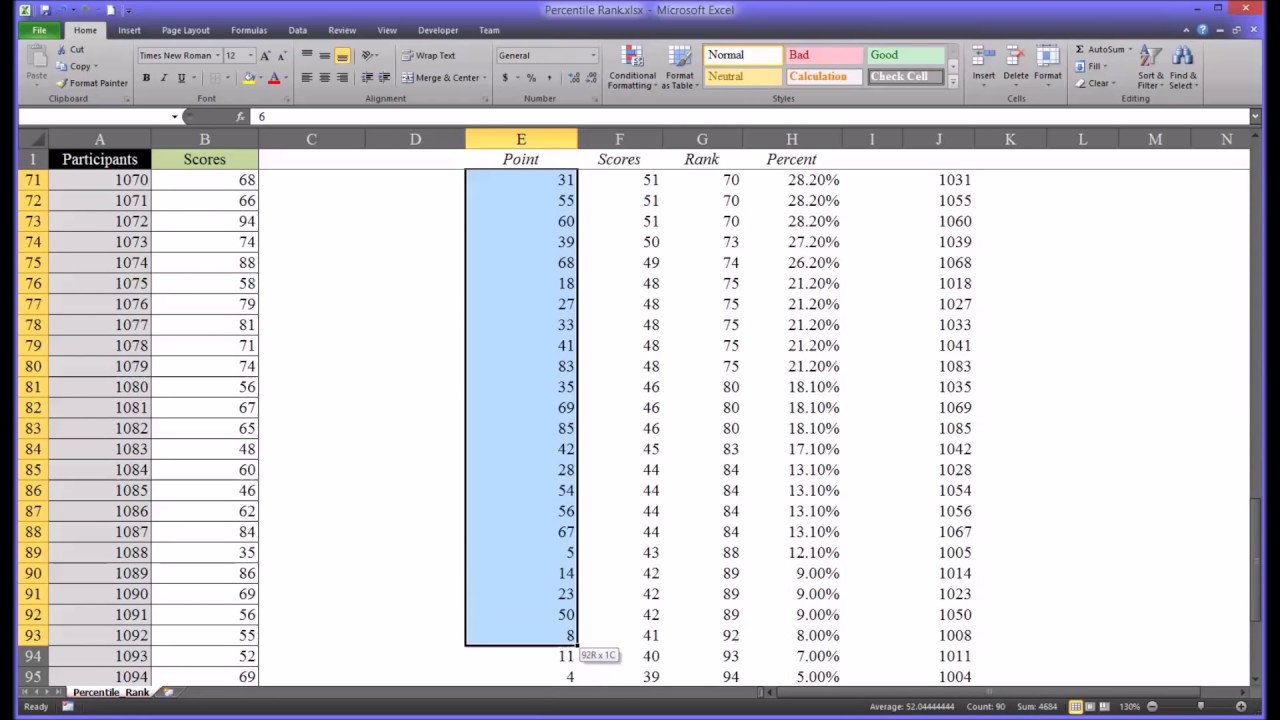 Calculating Percentile Rank Using Excel Youtube