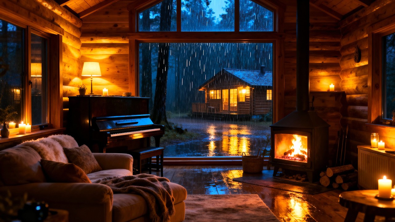 Дождливая хижина Пианино Джаз 🌧️🔥 Уютный камин Ночная атмосфера для учёбы и отдыха