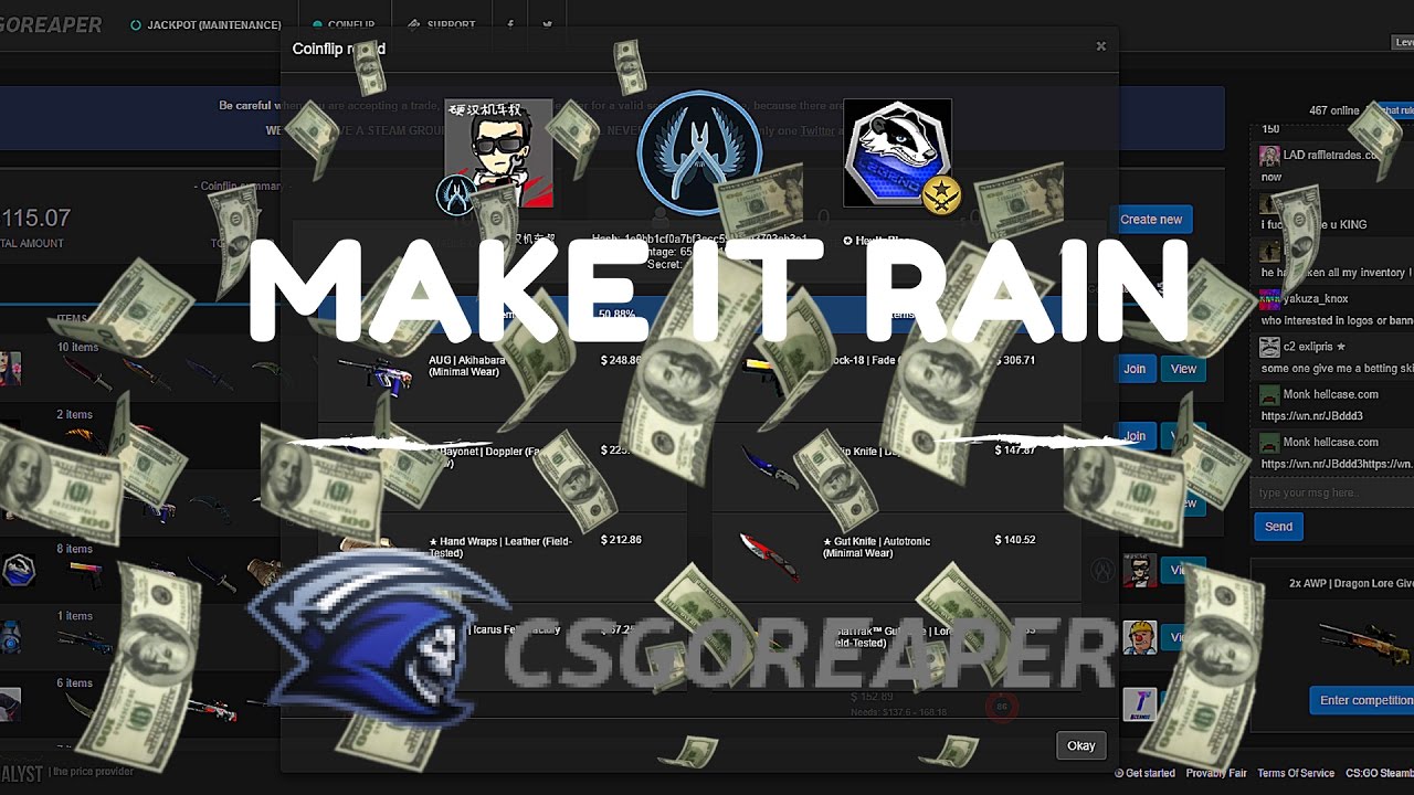 MAKE IT RAIN! Csgoreaper coinflipping! - YouTube