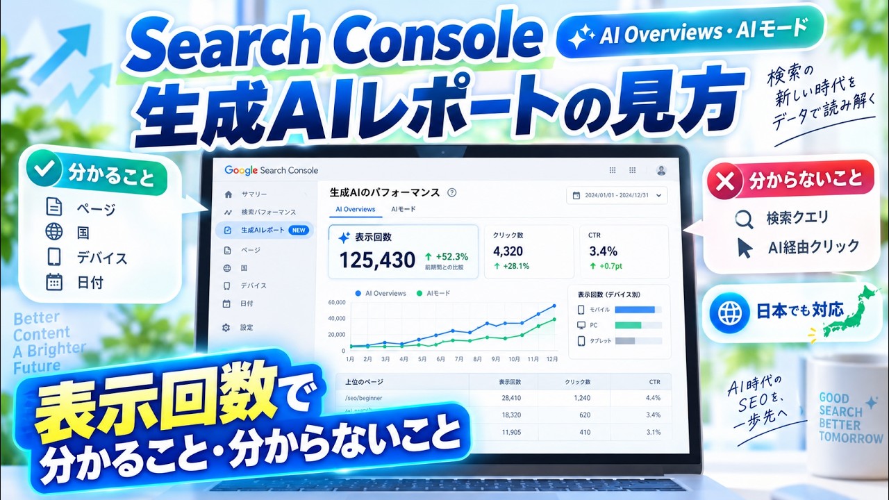 Search Consoleの「生成AIパフォーマンスレポート」の見方｜AI Overviews・AIモードの表示回数で分かること、分からないこと