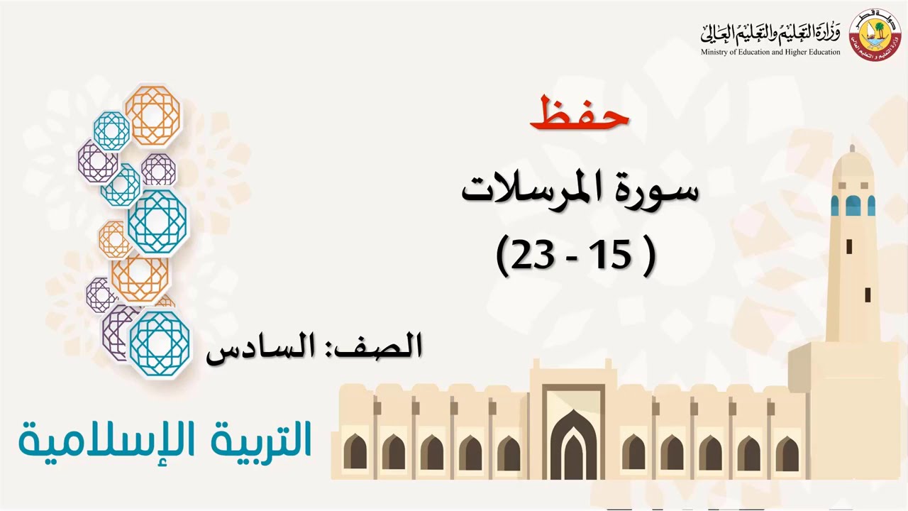 الصف السادس   التربية الإسلامية حفظ وتسميع  سورة المرسلات 15 إلى 28 ج3