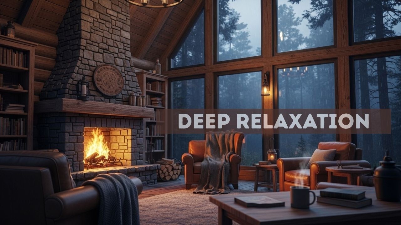 AI Cozy Relaxing Music ☕ Fireplace Sounds & Rainy Forest View | Deep Relaxation & Sleep