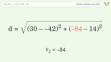 Find the distance between two points p1 (-42,14) and p2 (30,-84): Step-by-Step Video Solution