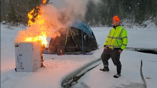 Camping On River Ice Sheet, In Frigid Cold