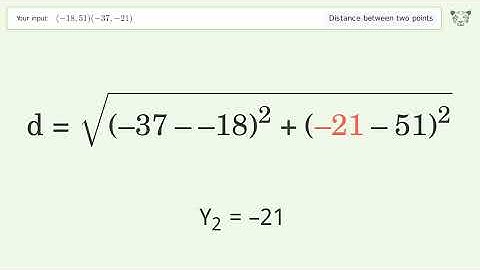 Find the distance between two points p1 (-18,51) and p2 (-37,-21): Step-by-Step Video Solution