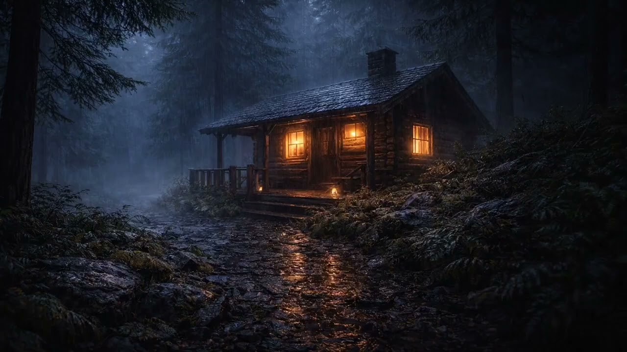 Rain on Forest Cabin at Night 🌧️ | 4 Hours Gentle Rain & Cozy Cabin Ambience for Deep Sleep