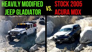 Modified Jeep Gladiator Mojave vs. Stock 2005 Acura MDX in Berdoo Canyon Road.  Surprising result?