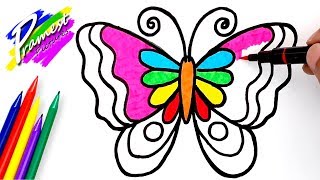 How to draw and color a butterfly with colorful markers for kids
