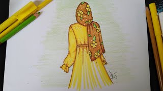 رسم سهل/ كيفية رسم فتاة محجبة بفستان أصفر جميل خطوة بخطوة