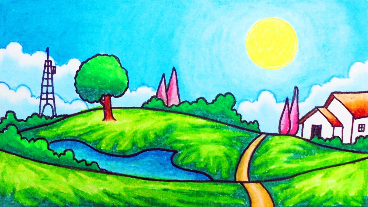 Easy Nature Scenery Drawing | How to Draw Simple Scenery of Green ...