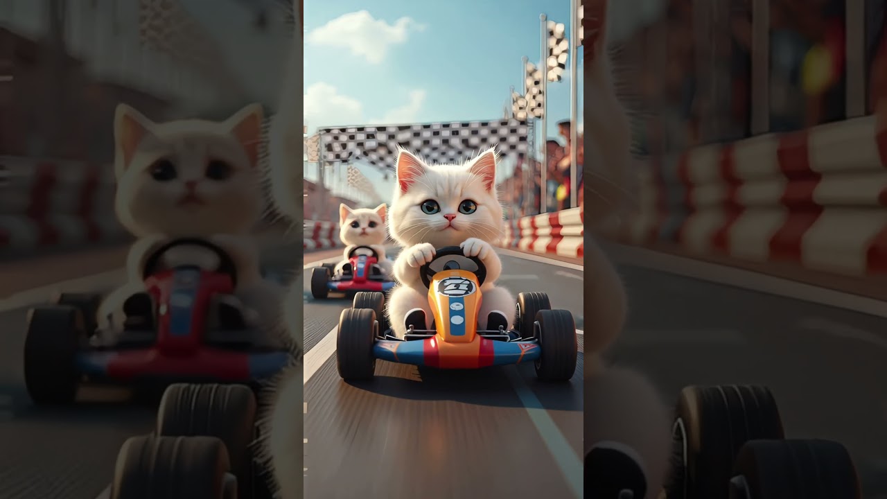 A fluffy white cat driving a colorful go-kart 
