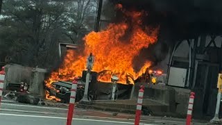 Video: Man pulled from fiery crash at NH toll plaza