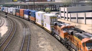WB UP #5016 intermodal, EB BNSF #7893, WB UP #7181 coal with ex SP KCUS 4/20/13