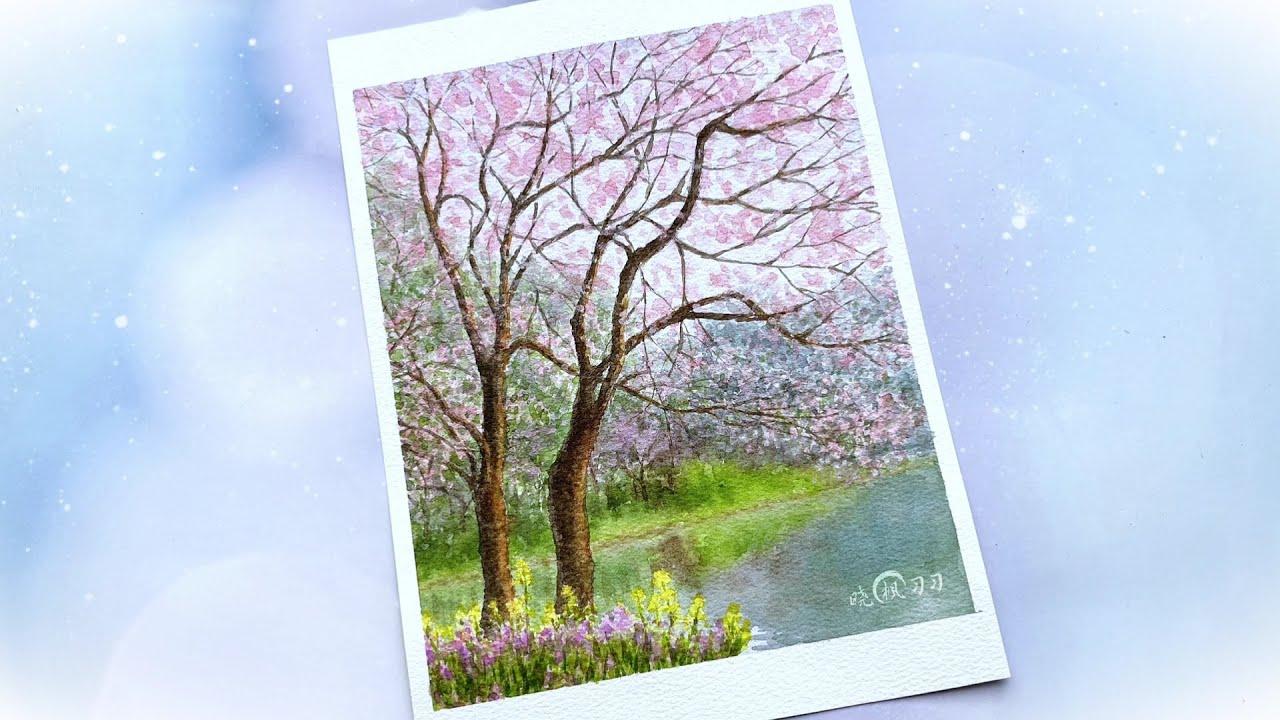 水彩画】人间四月万物可爱，一切尽可期待！湖畔樱花水彩绘画过程- YouTube