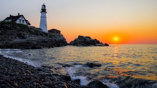 Sea Sunrise at Portland Head Lighthouse (4K) | Morning Ocean Sounds for Sleep
