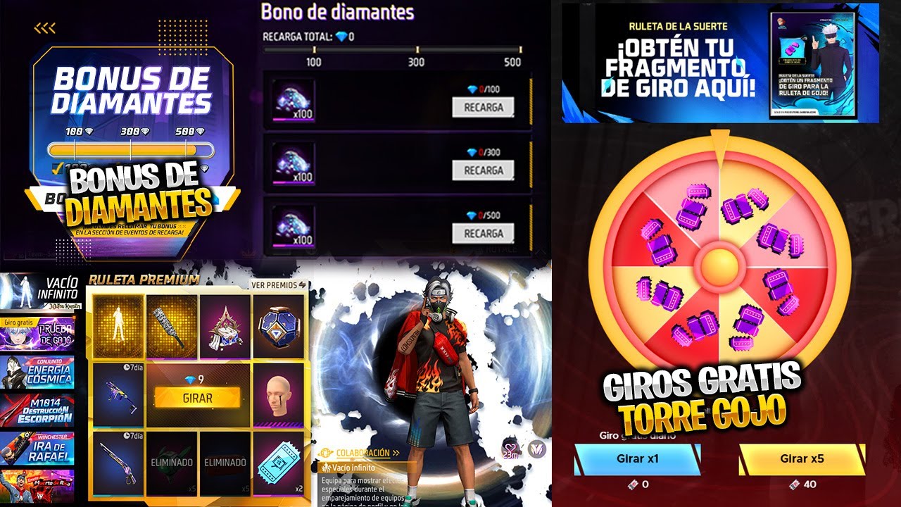 RAPIDO! GIROS GRATIS EN LA TORRE GOJO BONUS DE DIAMANTES Y MAS NOVEDADES EN FREE FIRE