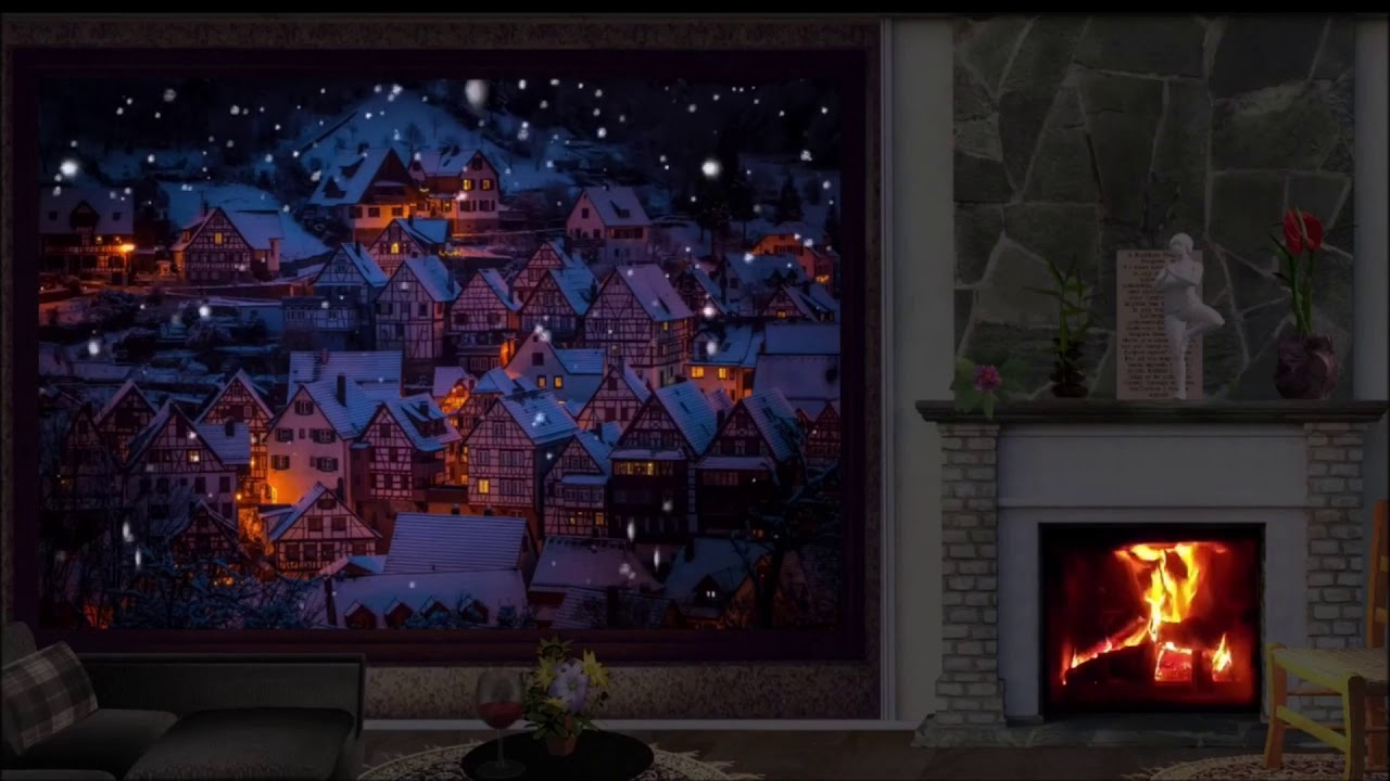フリー素材 暖炉 ルーム ウィンドウ クリスマス 冬 夜 降雪 Youtube