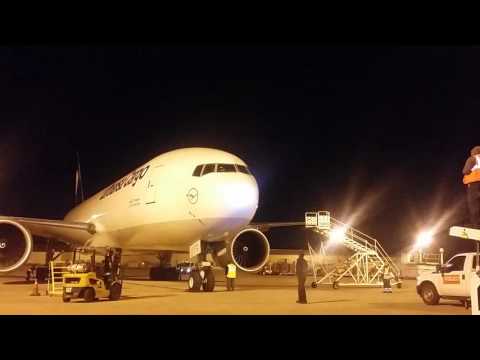 Parking Lufthansa cargo plane at IAH.