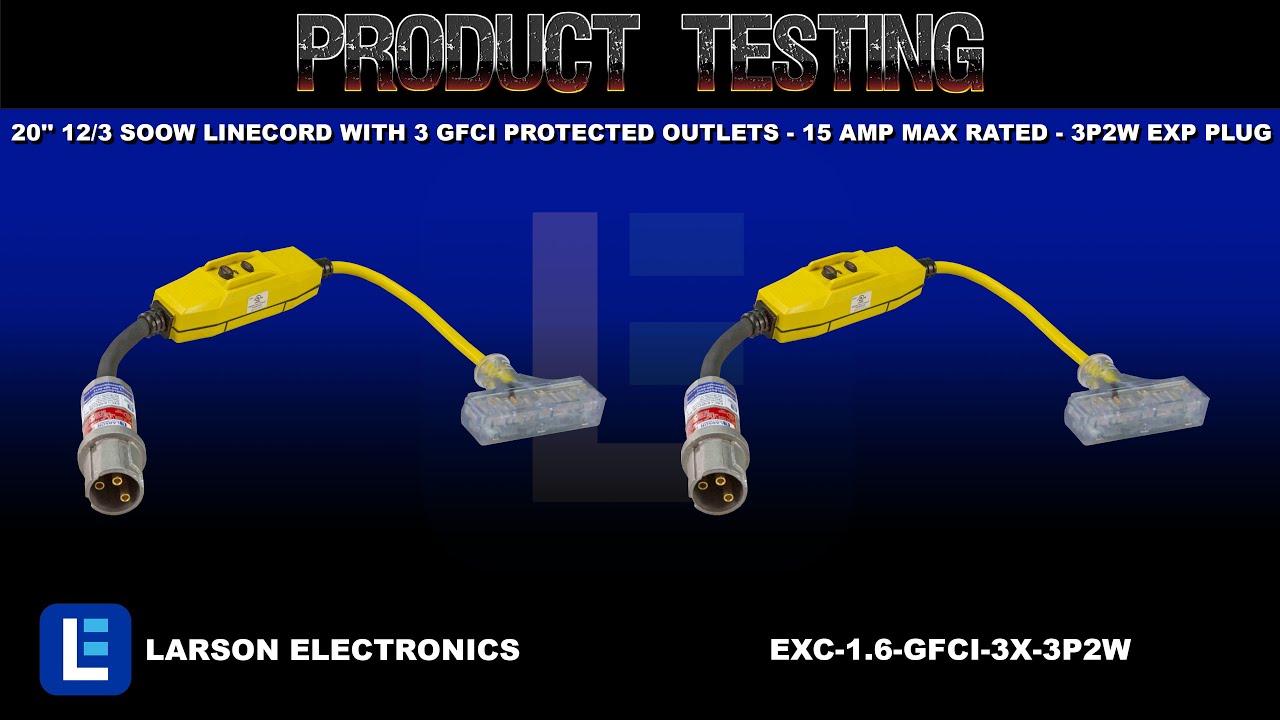 20'' 12/3 SOOW Linecord with 3 GFCI Protected Outlets - 15 Amp Max Rated - 3P2W EXP Plug