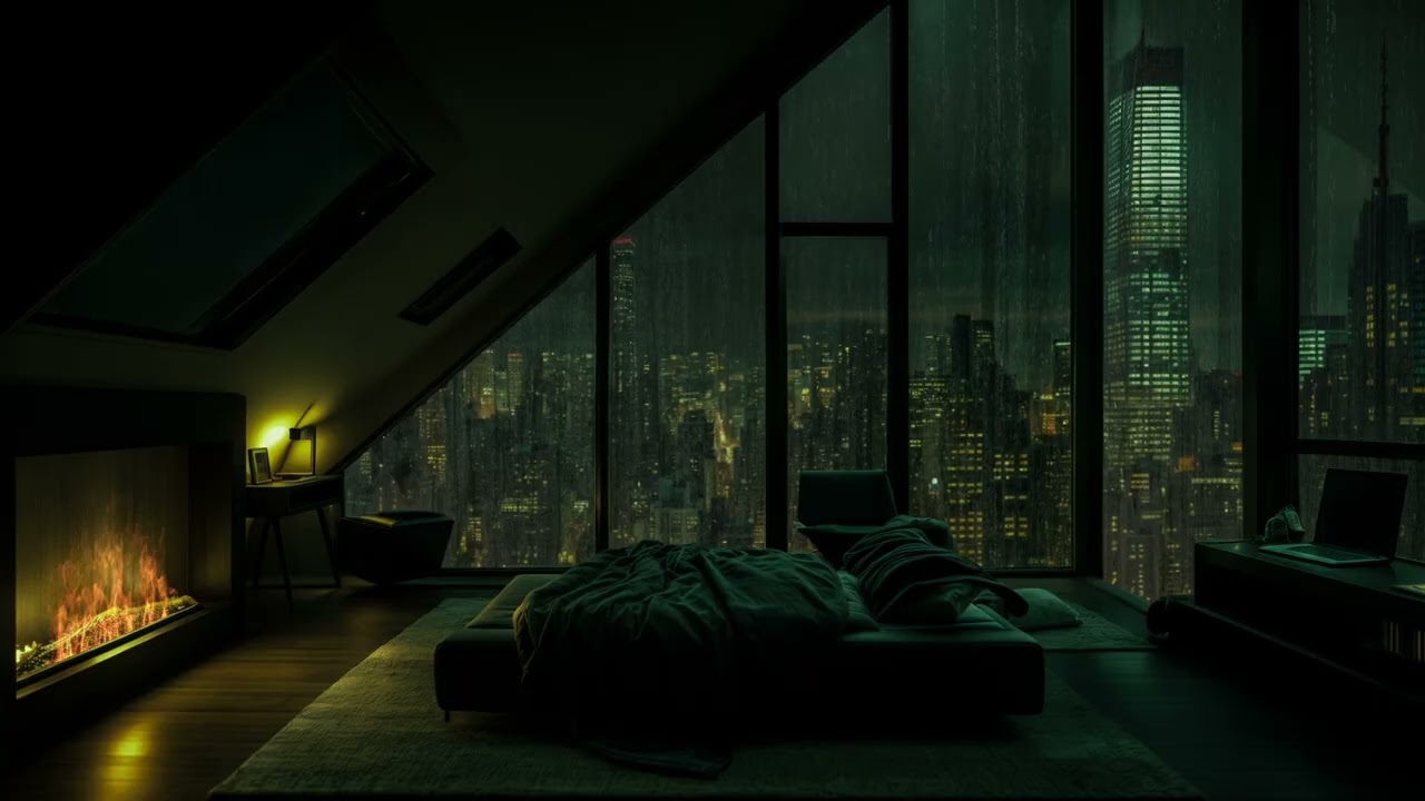 ☔(No Ads) Rainy Night Luxury Warm Penthouse View NYC & Thunder ASMR 🌃 Calm Anxiety & Sleep Deep