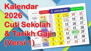Kalendar 2026 - Cuti Sekolah dan Tarikh Gaji (Versi 1)