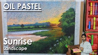 Sunrise - Realistic Oil Pastel Landscape Drawing | step by step