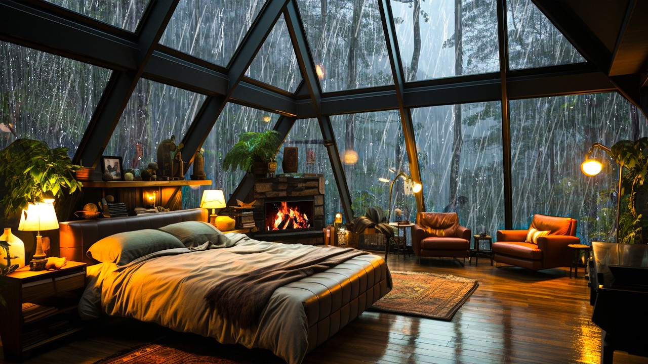24 Stunden Naturklang Regen für Entspannung💤 Tiefer Schlaf mit gemütliche Kaminatmosphäre