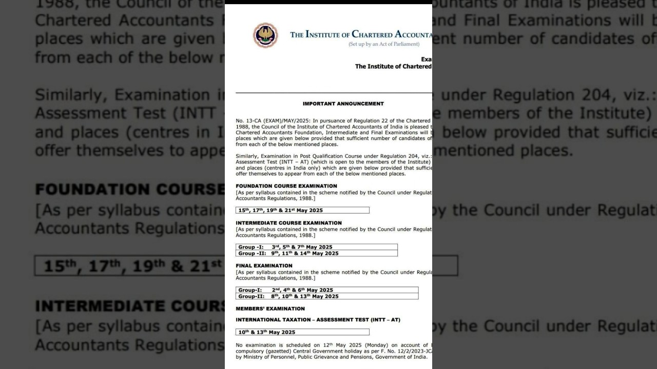 CA Foundation May 2025 Exam Dates icai official announcement 
