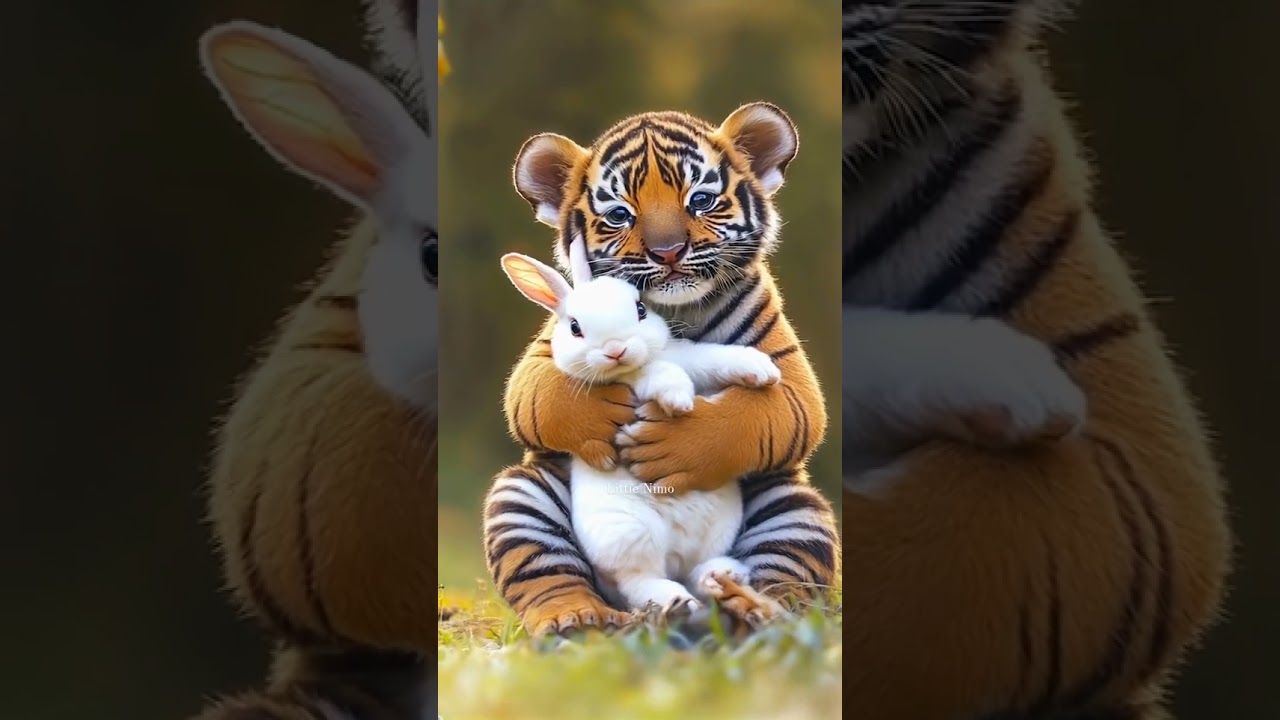 Baby tiger with rabbit 