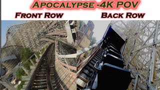 Apocalypse Wooden Roller Coaster Six Flags Magic Mountain  | 4K Front Row and Back Row POV